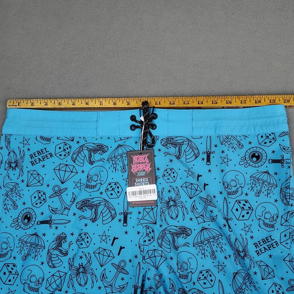 Rebel Reaper Boardshorts Swim Trunks Men 2XL Blue Tattoo Print Skull Biker New